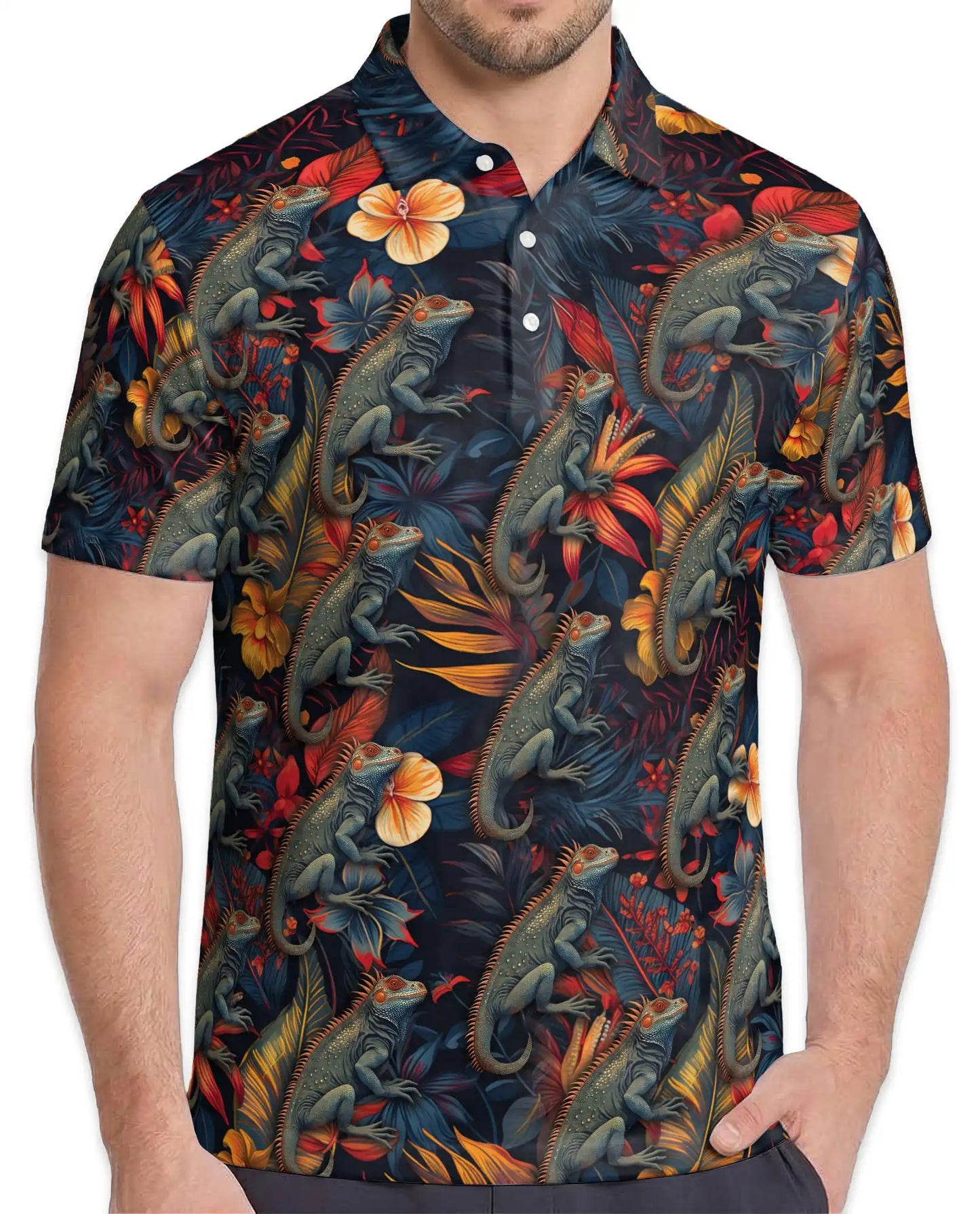Iguana Tropical Polo Shirt - Hawaiian Reptile Floral Wildlife Design | Azhawaiian