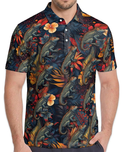 Iguana Tropical Polo Shirt - Hawaiian Reptile Floral Wildlife Design | Azhawaiian