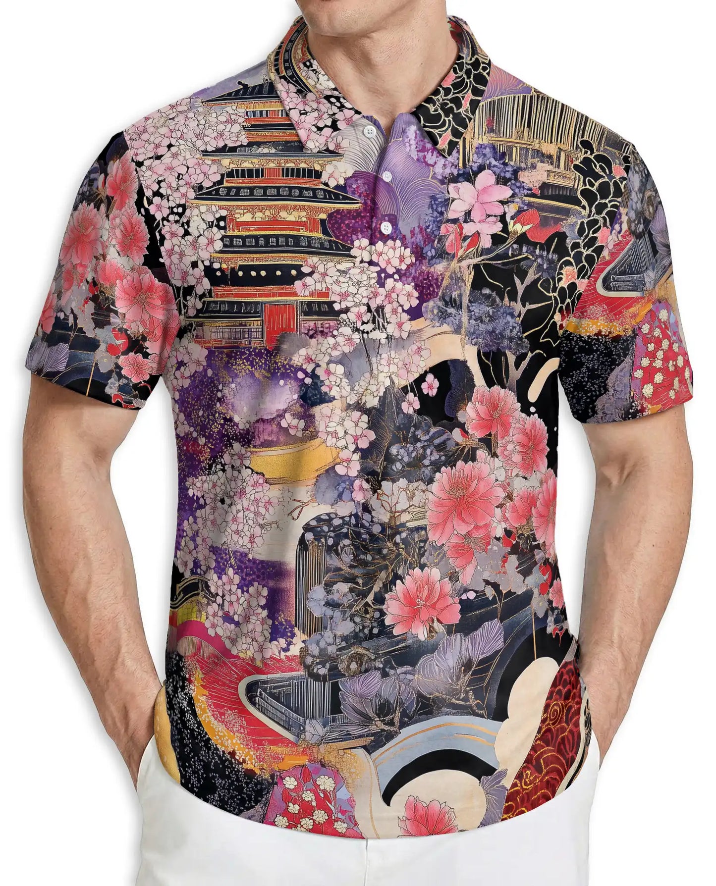 Japanese Sakura Pagoda 3D Polo Shirt for Men | Azhawaiian