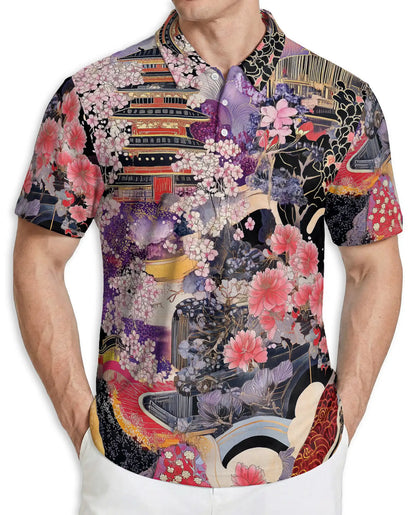 Japanese Sakura Pagoda 3D Polo Shirt for Men | Azhawaiian