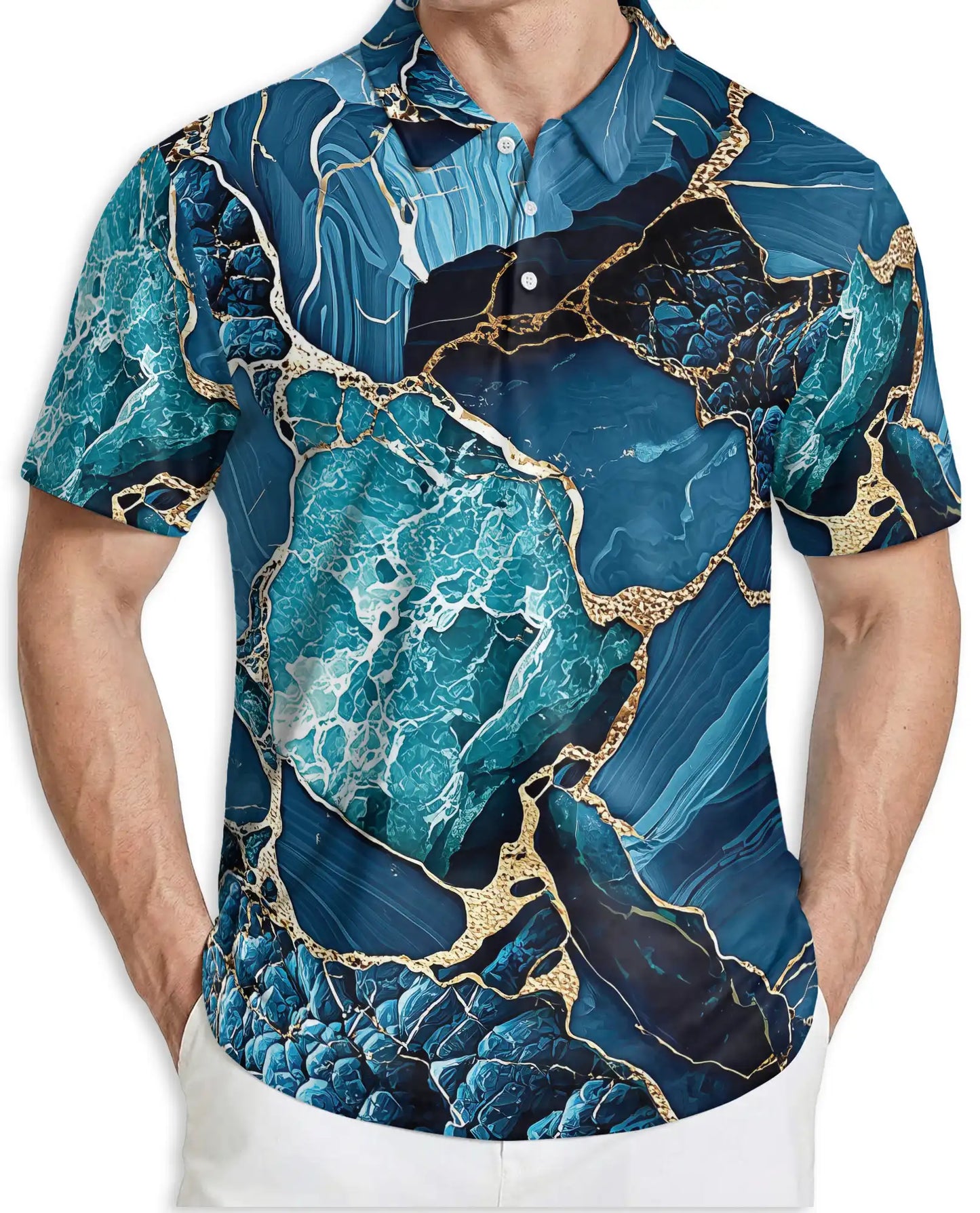 Blue Ocean Marble Polo Shirt for Men-Luxury Abstract Art | Azhawaiian