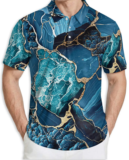 Blue Ocean Marble Polo Shirt for Men-Luxury Abstract Art | Azhawaiian