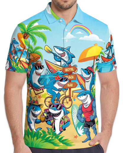 Beach Shark Polo Shirt for Men, Fun Vacation Style | Azhawaiian