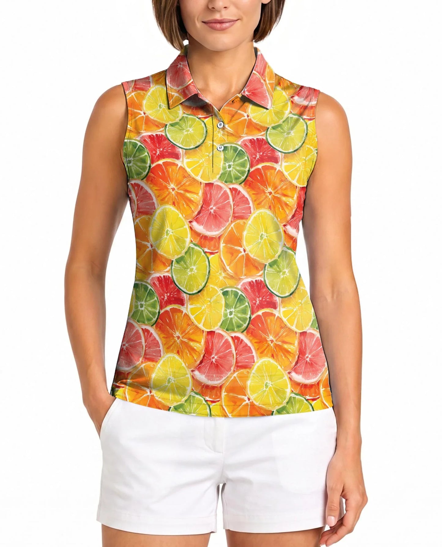 Citrus Fruits Pattern Sleeveless Polo Shirt for Women, Fresh Summer Style | Azhawaiian