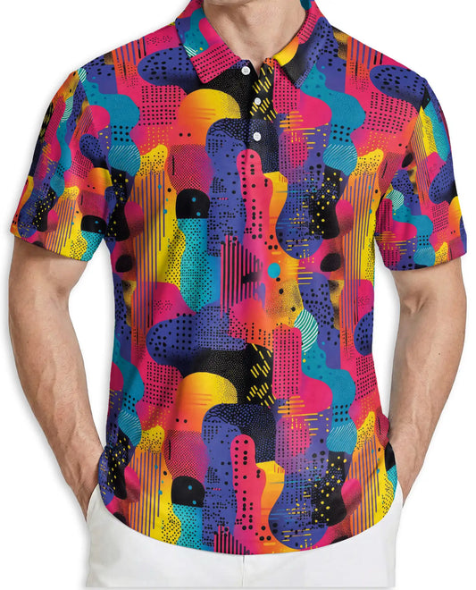 Colorful Abstract 3D Polo Shirt for Men, Retro Geometric Art Style | Azhawaiian