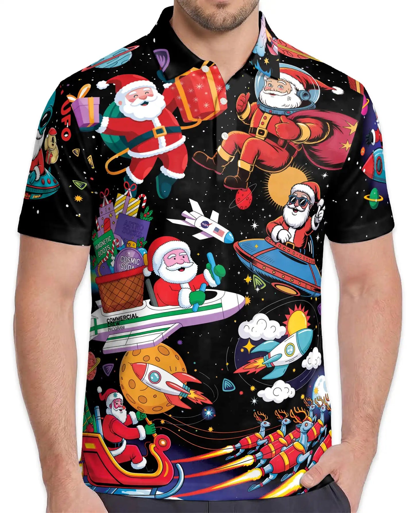Space Santa Galaxy 3D Polo Shirt for Men, Funny Christmas Astronaut Style | Azhawaiian