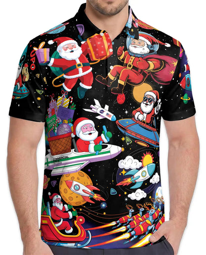 Space Santa Galaxy 3D Polo Shirt for Men, Funny Christmas Astronaut Style | Azhawaiian