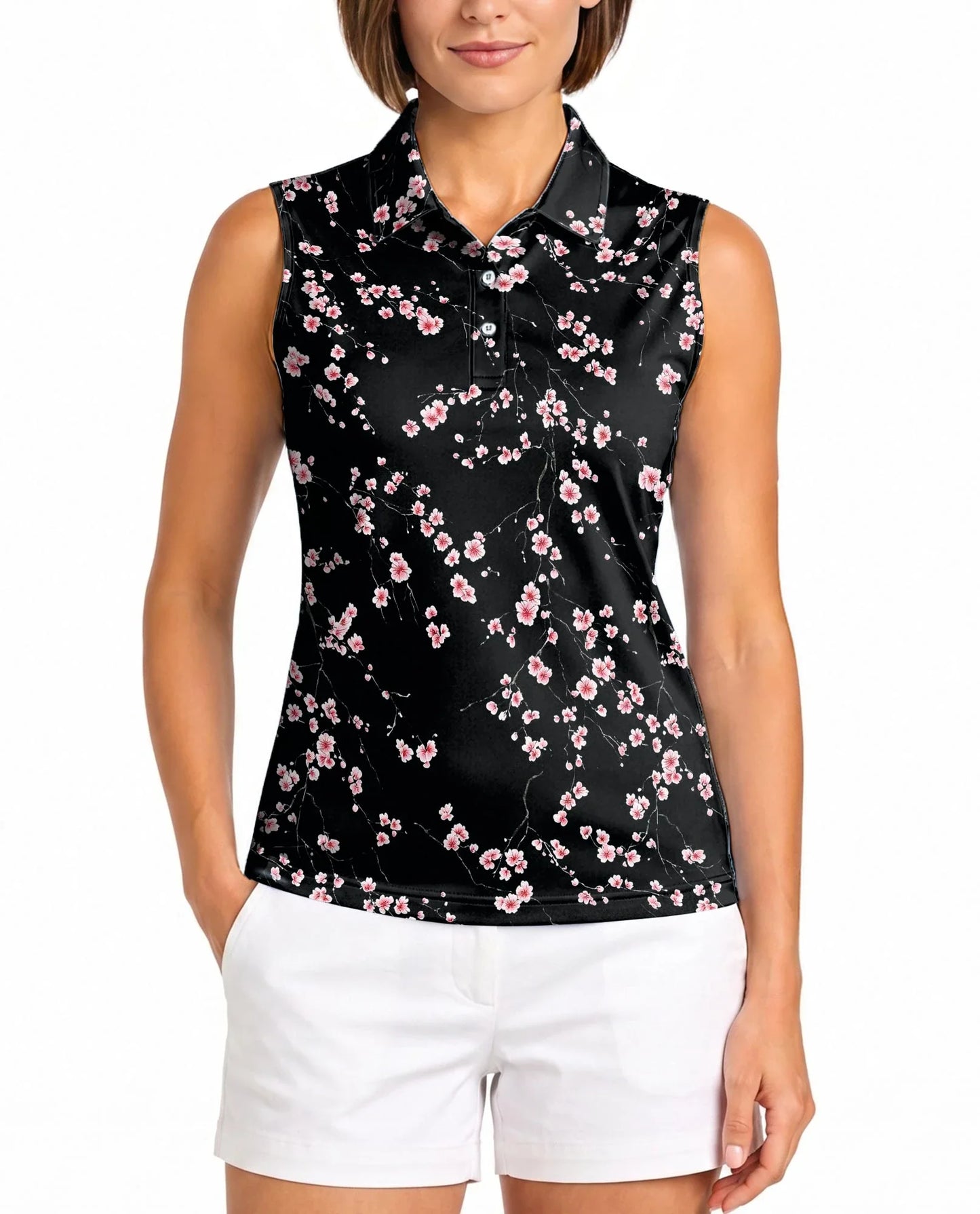 Japanese Sakura Cherry Blossom Sleeveless Polo Shirt for Women | Azhawaiian