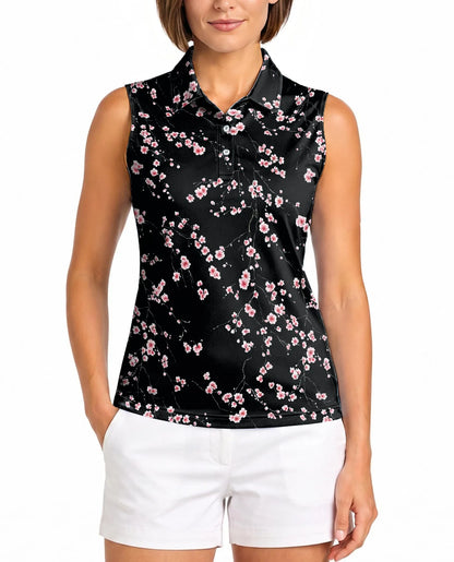 Japanese Sakura Cherry Blossom Sleeveless Polo Shirt for Women | Azhawaiian
