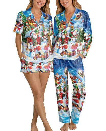 Winter Wonderland Christmas Pajama Set for Women, Santa Snowman Holiday Sleepwear