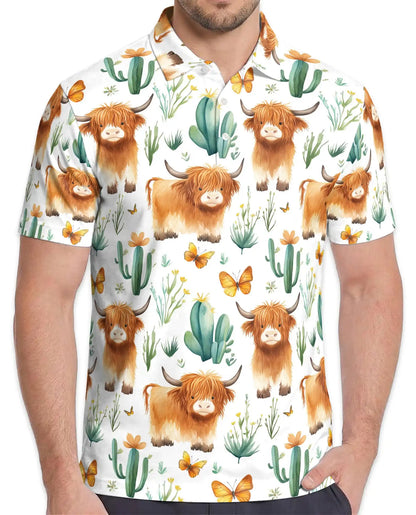 Highland Cow Polo Shirt - Cute Cactus Western Farm Style | Azhawaiian