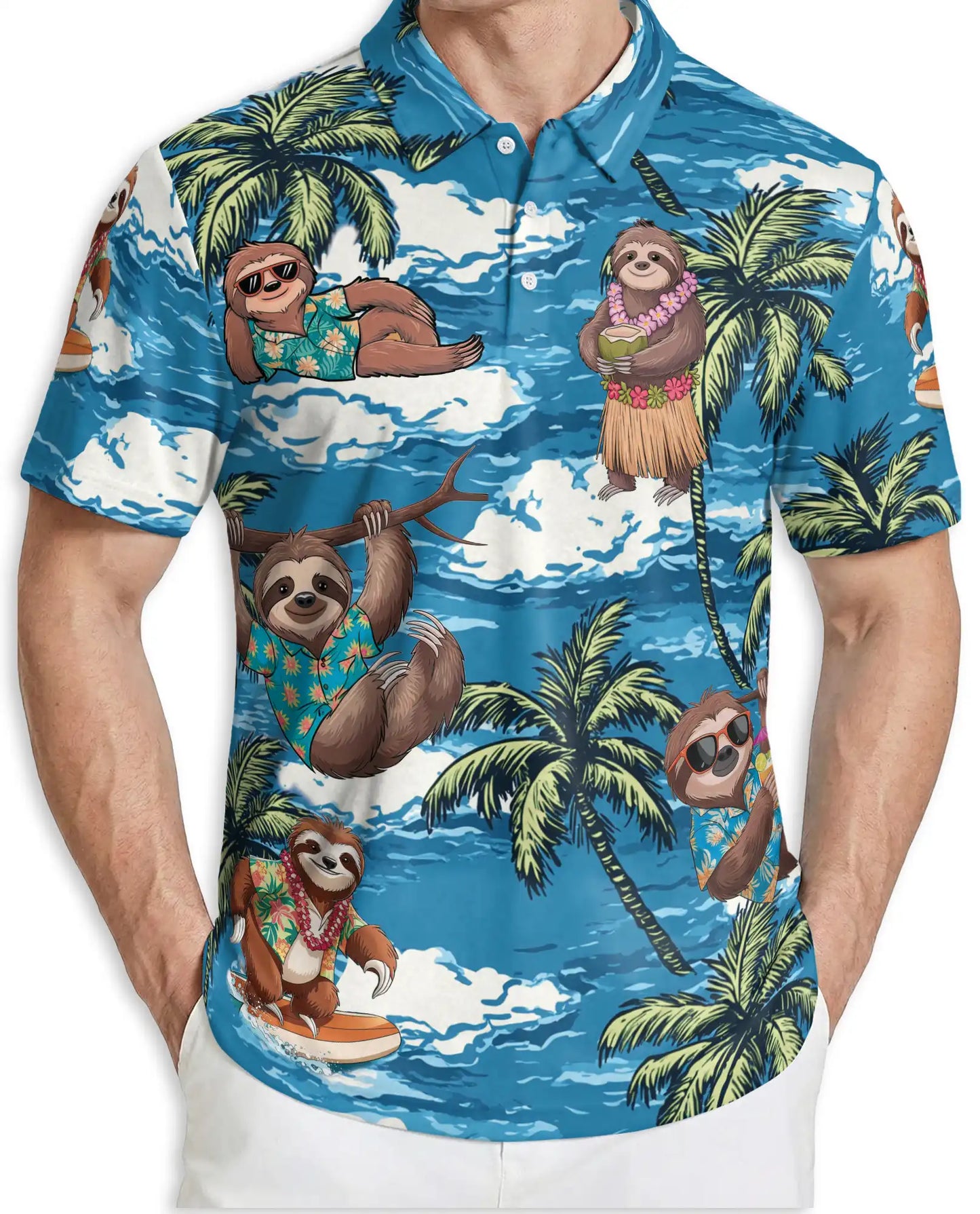 Sloth Tropical 3D Polo Shirt for Men, Funny Beach Animal Style | Azhawaiian