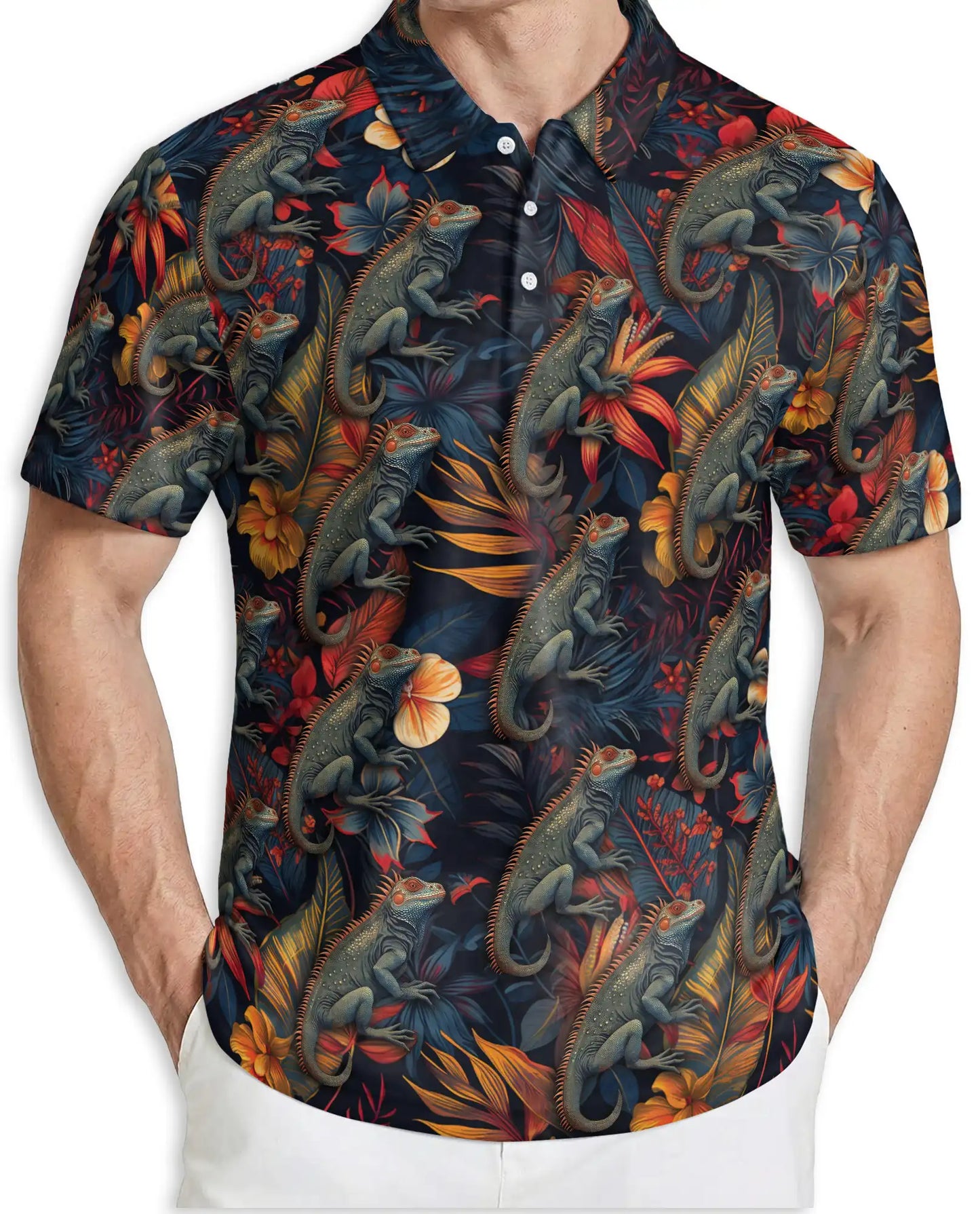 Iguana Tropical 3D Polo Shirt for Men, Reptile Jungle Floral Style | Azhawaiian