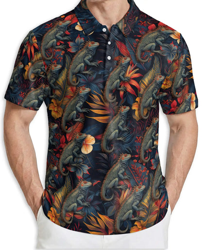 Iguana Tropical 3D Polo Shirt for Men, Reptile Jungle Floral Style | Azhawaiian