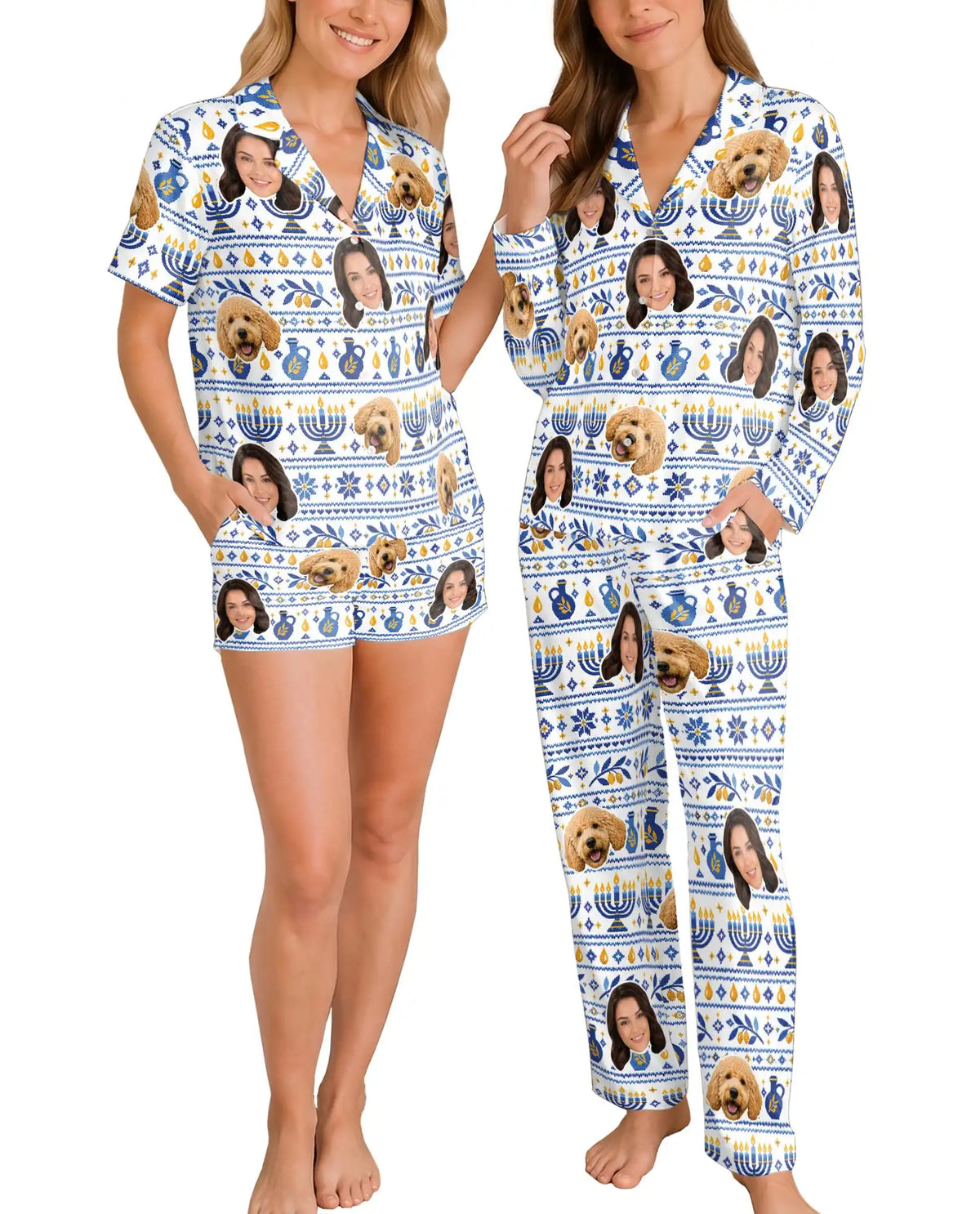 Personalized Hanukkah Pajamas for Women – Custom Face & Pet Photo Fair Isle Print