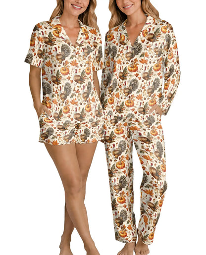 Vintage Thanksgiving Turkey Pajama Set for Women – Pumpkin Fall Print