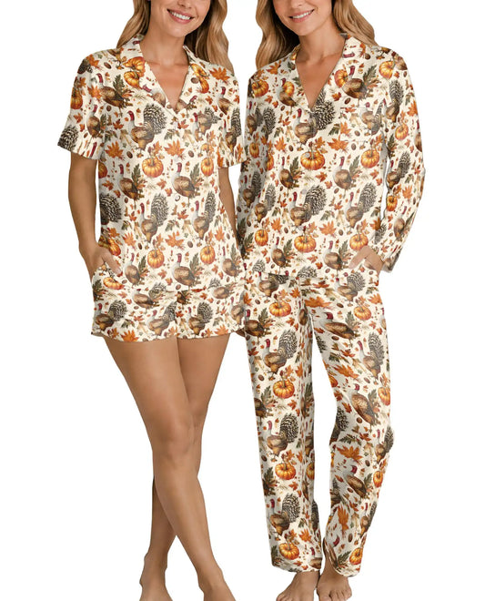 Vintage Thanksgiving Turkey Pajama Set for Women – Pumpkin Fall Print