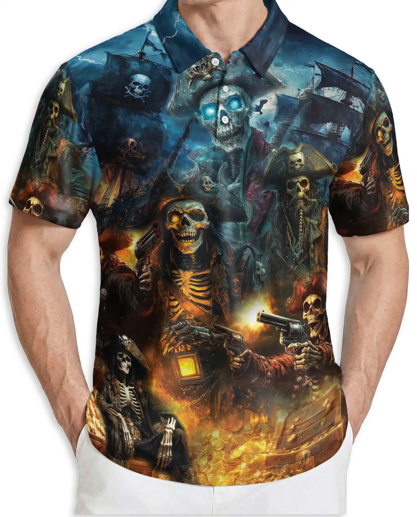 Pirate Skull Polo Shirt, Dark Skeleton Print | Azhawaiian