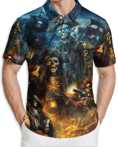 Pirate Skull Polo Shirt, Dark Skeleton Print | Azhawaiian