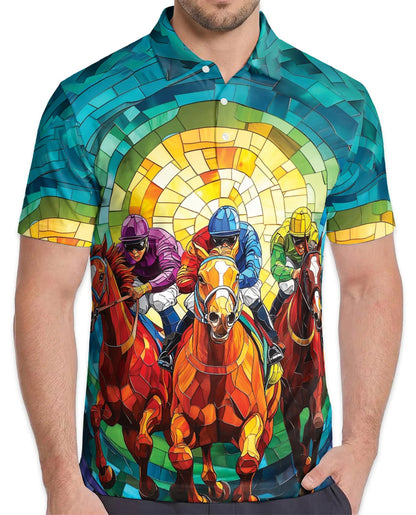 Stained Glass Racing Horse Polo Shirt for Men, Artistic Equestrian Style | Azhawaiian