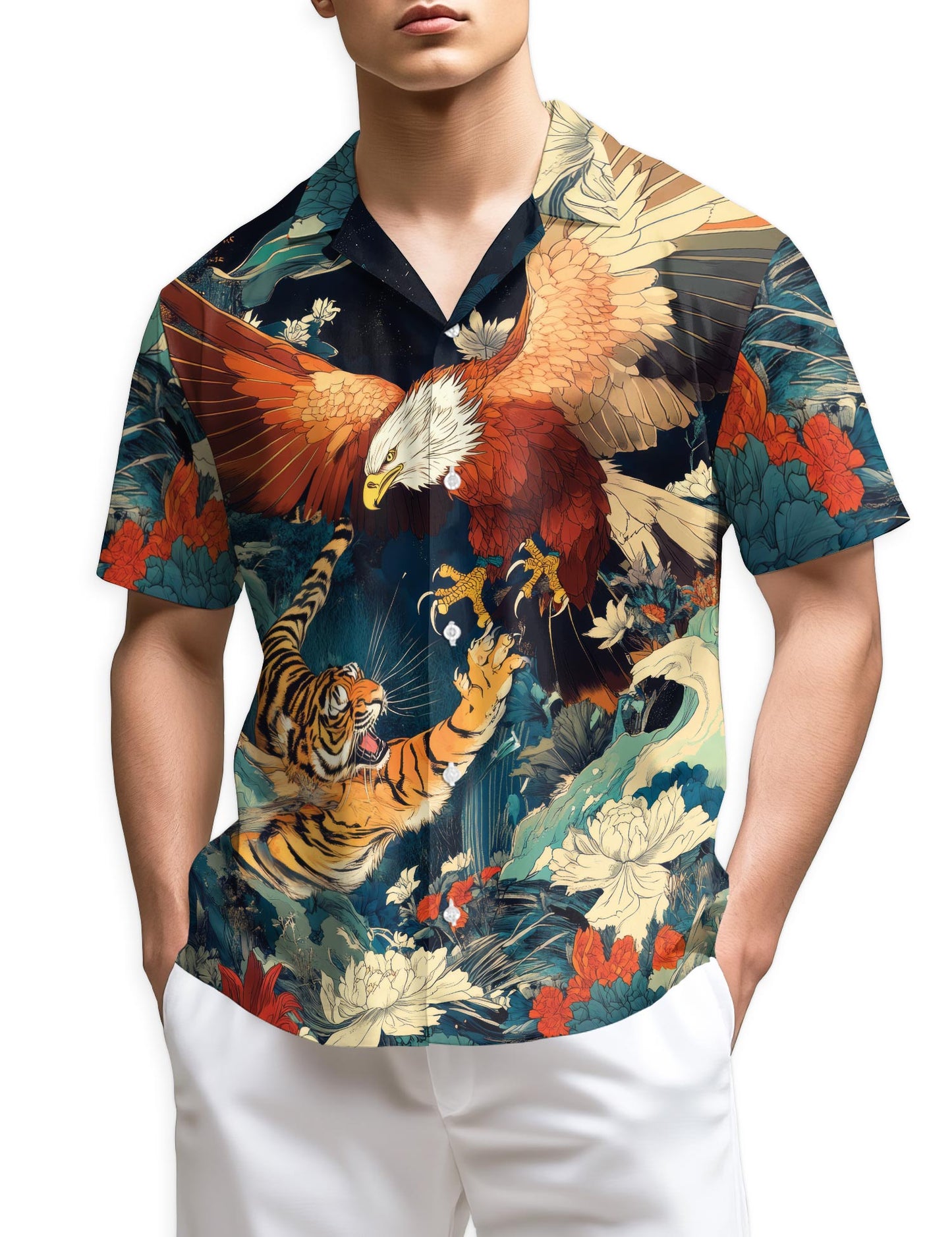 Eagle and Tiger Battle Hawaiian Shirt for Men, Button Down Aloha Shirt - Azhawaiian