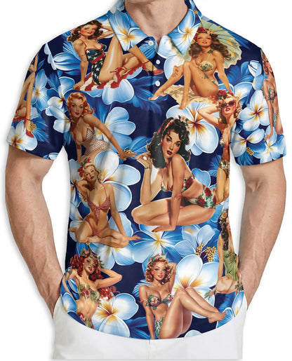 Pin Up Girl 3D Polo Shirt for Men, Vintage Floral Retro Style | Azhawaiian