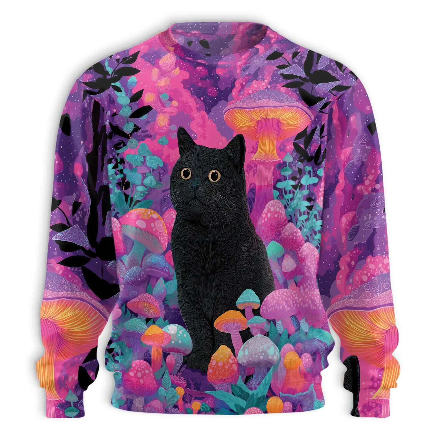 Psychedelic Black Cat Mushroom Sweatshirt – Colorful Graphic 3D All Over Print Design
