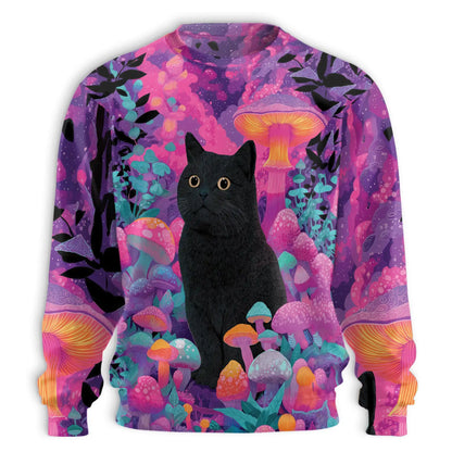 Psychedelic Black Cat Mushroom Sweatshirt – Colorful Graphic 3D All Over Print Design
