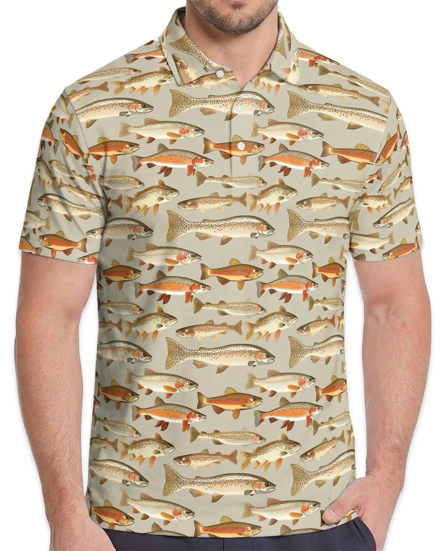Trout Fishing Pattern Polo Shirt for Men, Outdoor Angler Style | Azhawaiian