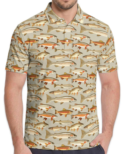 Trout Fishing Pattern Polo Shirt for Men, Outdoor Angler Style | Azhawaiian