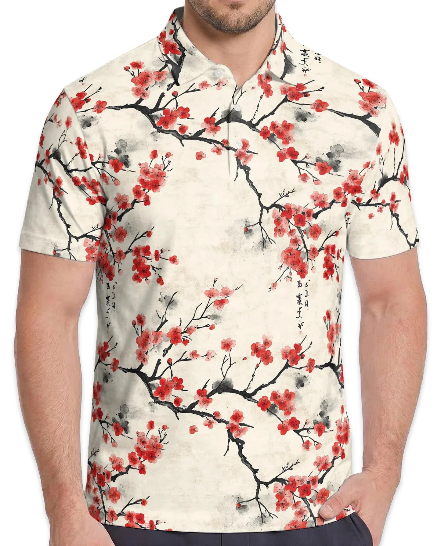 Red Cherry Blossom Branches Polo Shirt for Men, Japanese Sakura Style | Azhawaiian