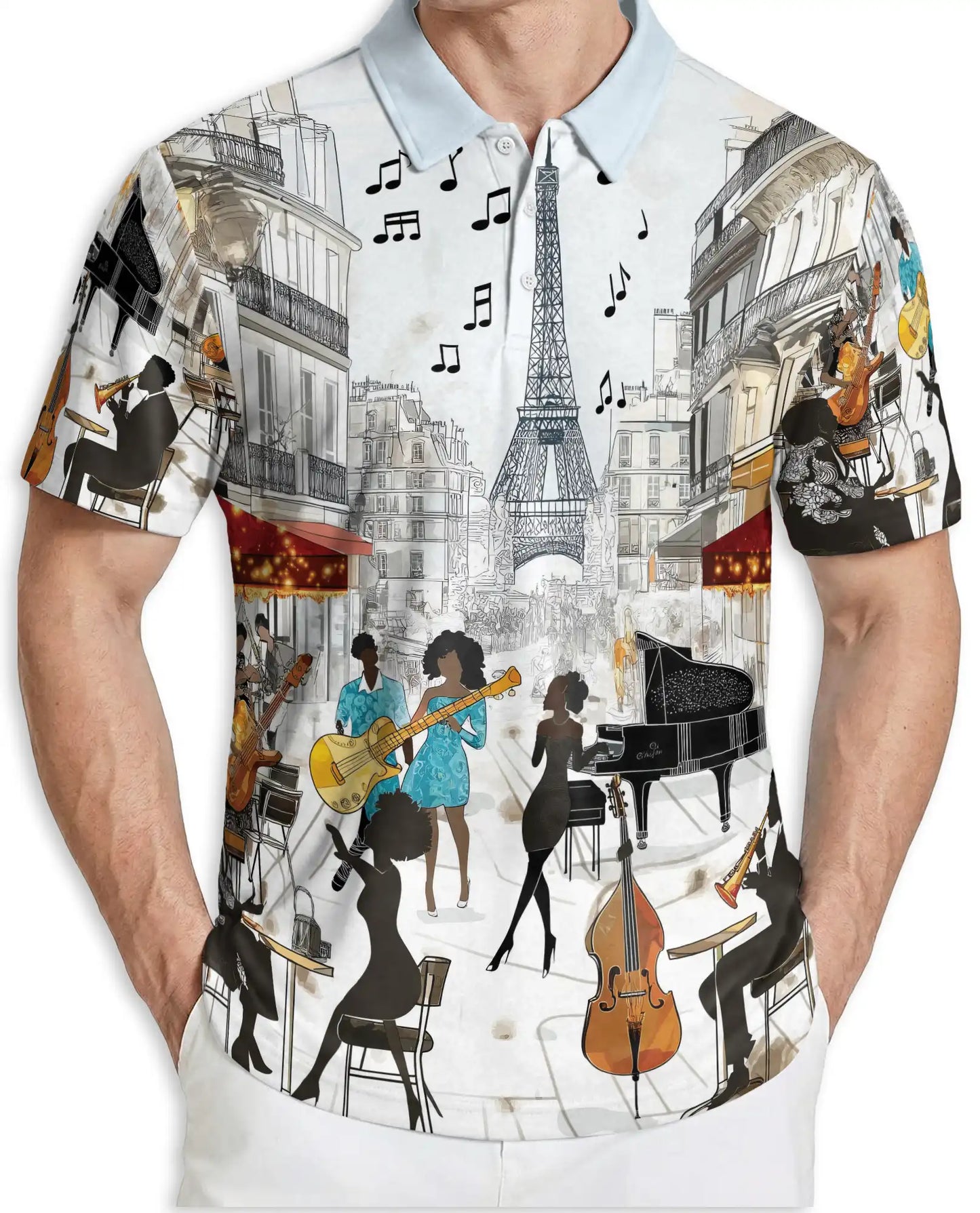 Paris Jazz Music 3D Polo Shirt for Men, Eiffel Tower Artistic Style | Azhawaiian