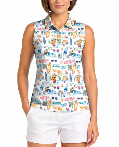 Colorful Tropical Surf Beach Sleeveless Polo Shirt for Women | Azhawaiian