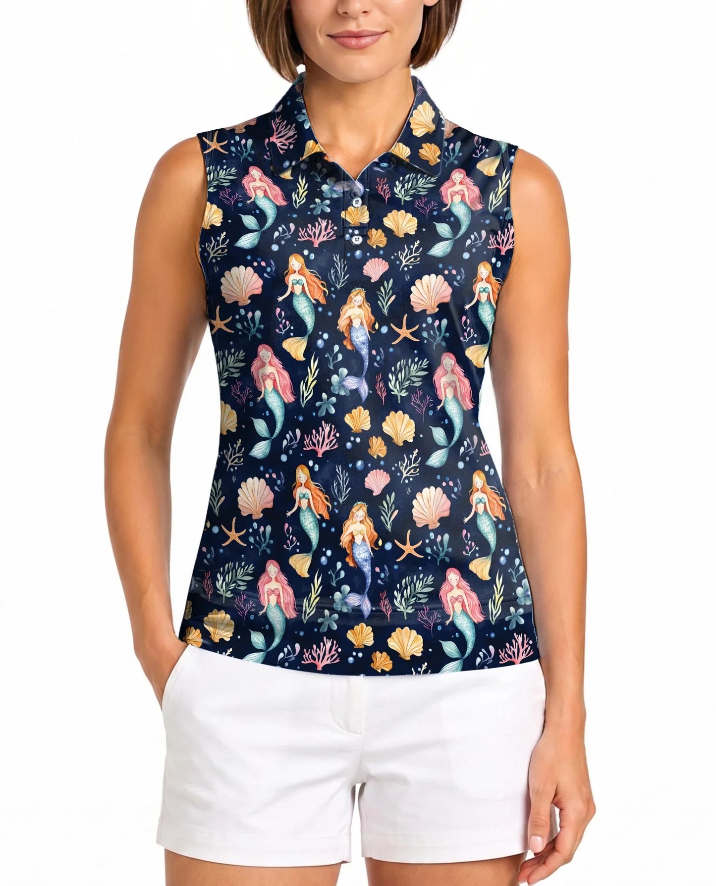 Cute Mermaid Sleeveless Polo Shirt for Women | Azhawaiian