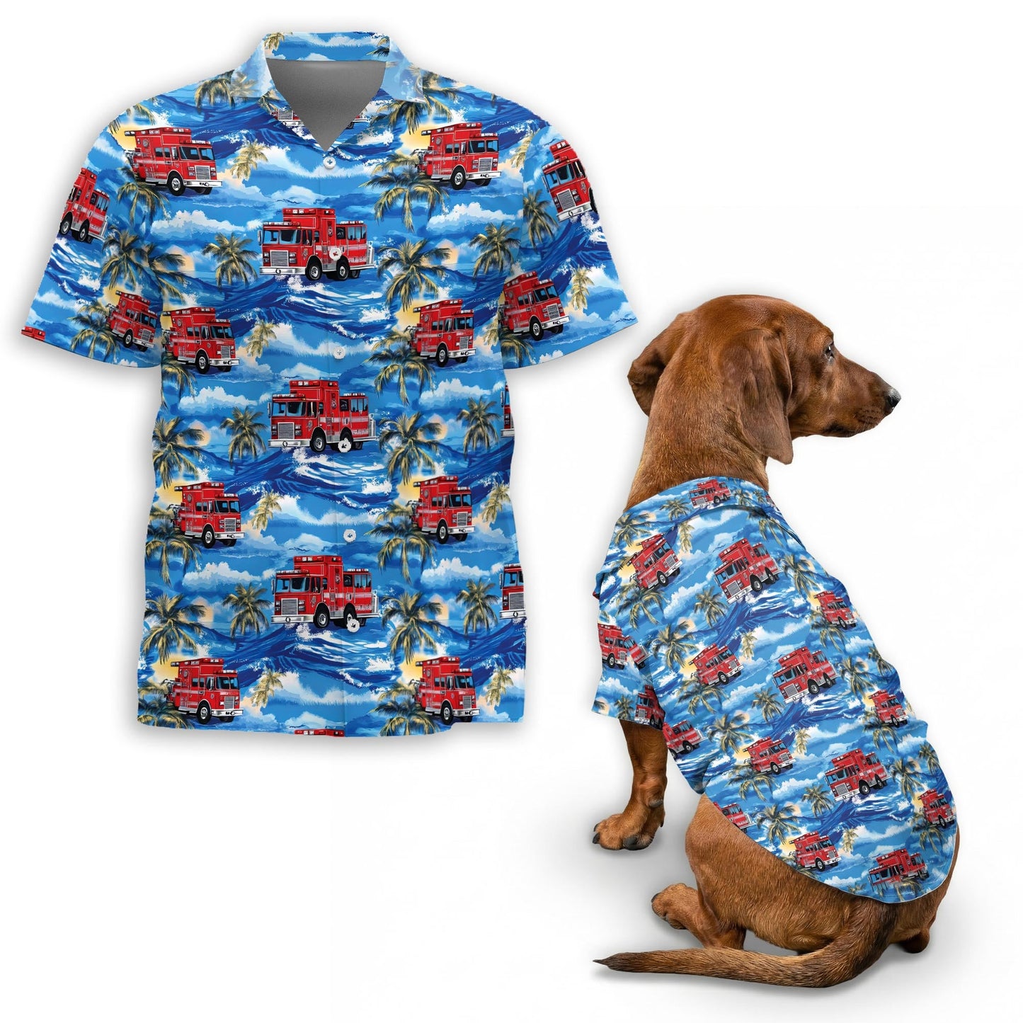 Fire Truck Firefighter Matching Dog Owner Hawaiian Shirts, Funny Pet Aloha Shirt for Beach Vacation - Azhawaiian