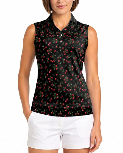 Cranberry Pattern Sleeveless Polo Shirt for Women, Fresh Fruit Summer Style | Azhawaiian