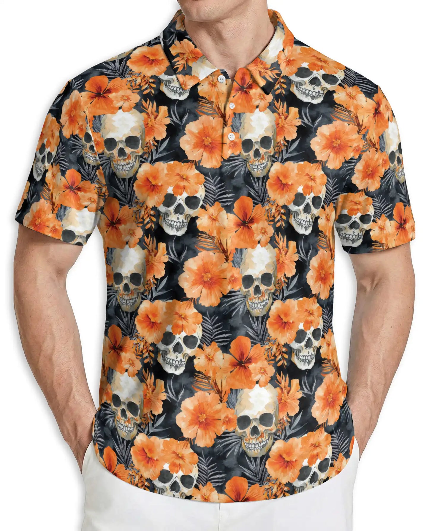 Skull Floral Polo Shirt, Orange Hibiscus Print | Azhawaiian