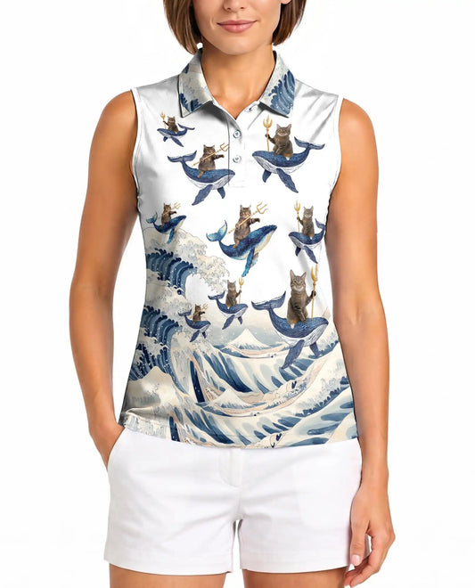 Cat Riding Whale Funny Sleeveless Polo Shirt for Women | Azhawaiian