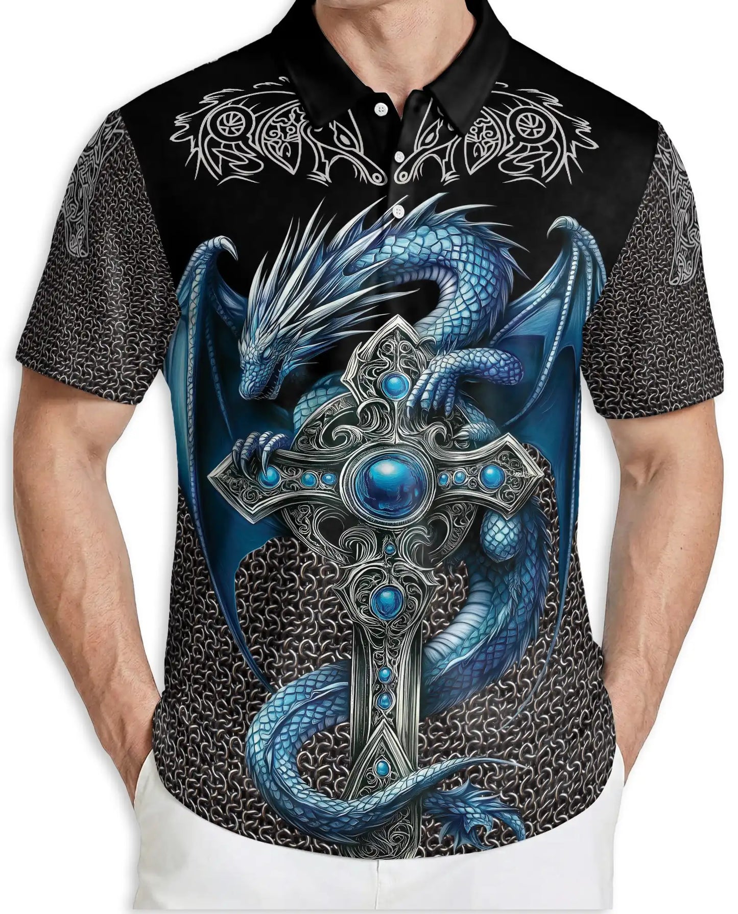 Blue Dragon Cross 3D Polo Shirt for Men, Medieval Fantasy Armor Style | Azhawaiian