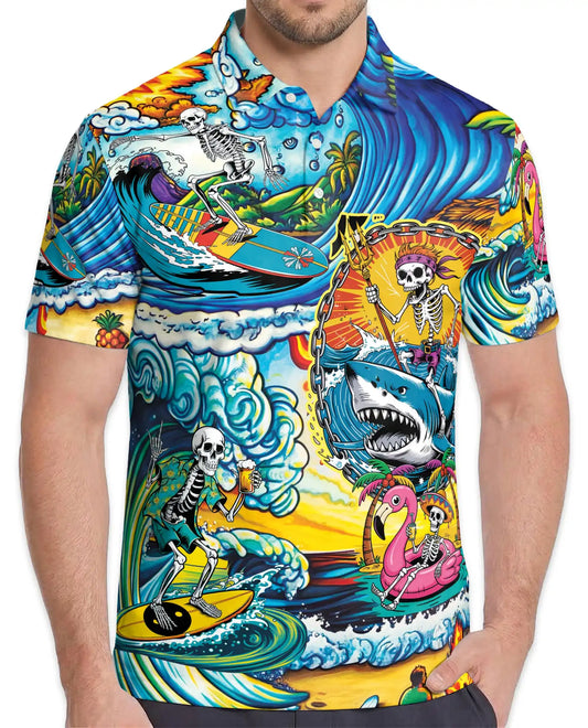 Surfing Skeleton Polo Shirt, Tropical Beach Skull Style| Azhawaiian