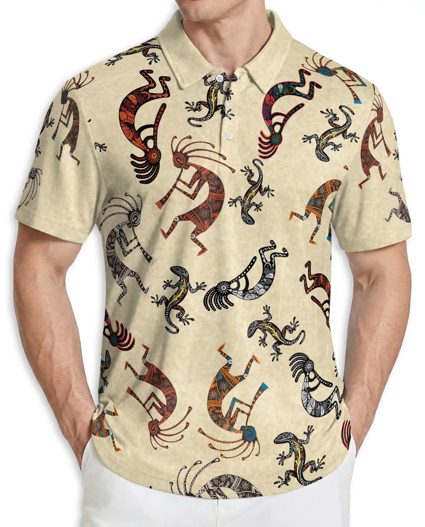 Kokopelli Polo Shirt, Tribal Lizard Pattern Print | Azhawaiian
