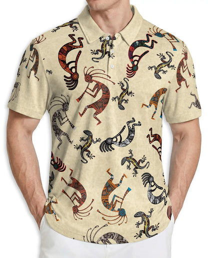 Kokopelli Polo Shirt, Tribal Lizard Pattern Print | Azhawaiian