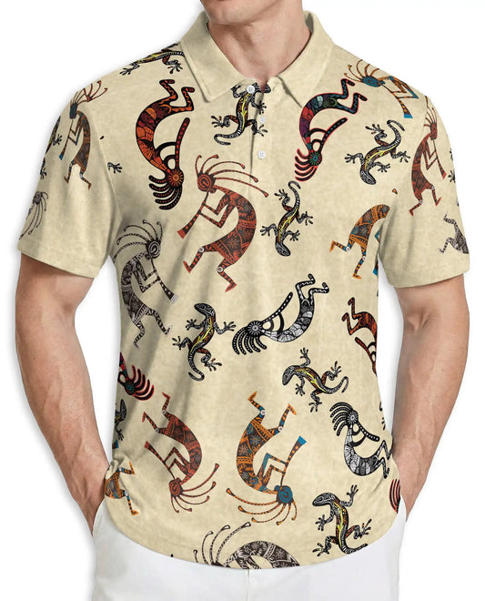Kokopelli Polo Shirt, Tribal Lizard Pattern Print