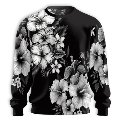 Black and White Hibiscus Polynesian Sweatshirt – Tropical 3D All Over Print Design