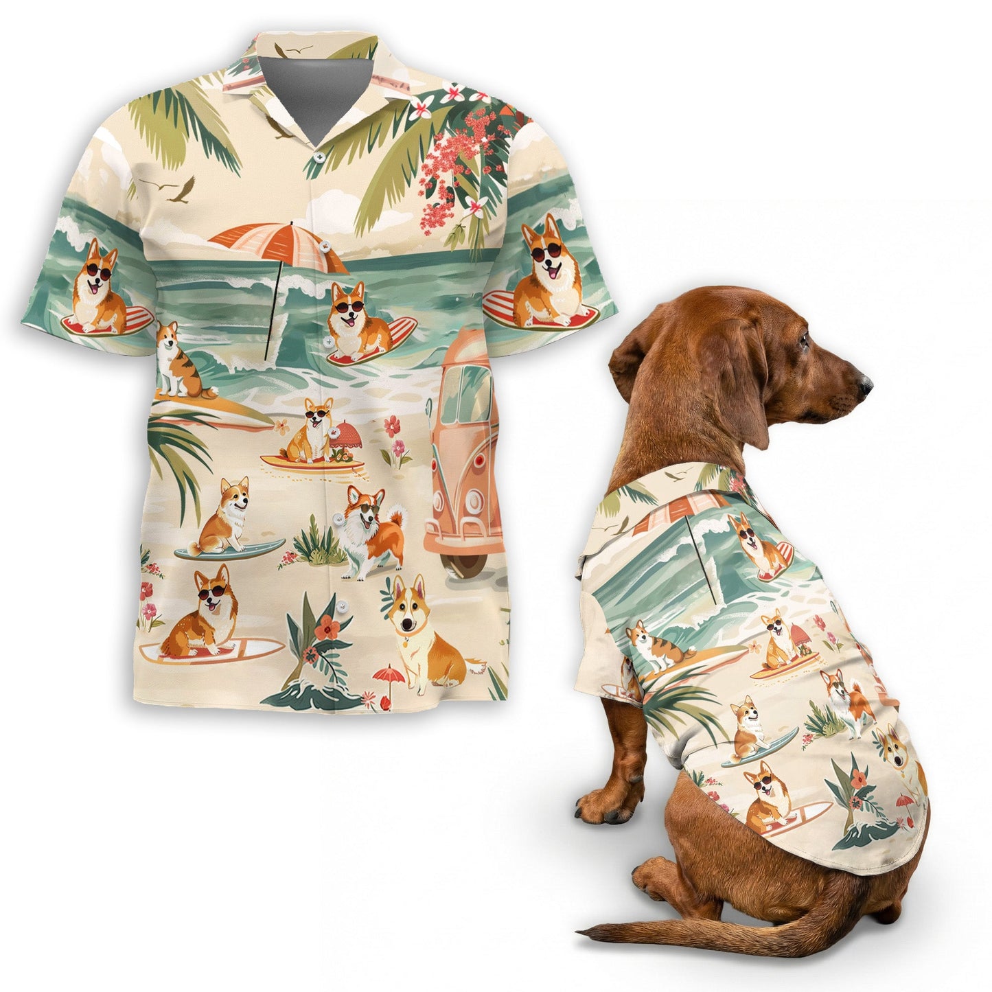 Corgi Matching Dog Owner Hawaiian Shirts, Funny Pet Aloha Shirt for Beach Vacation - Azhawaiian