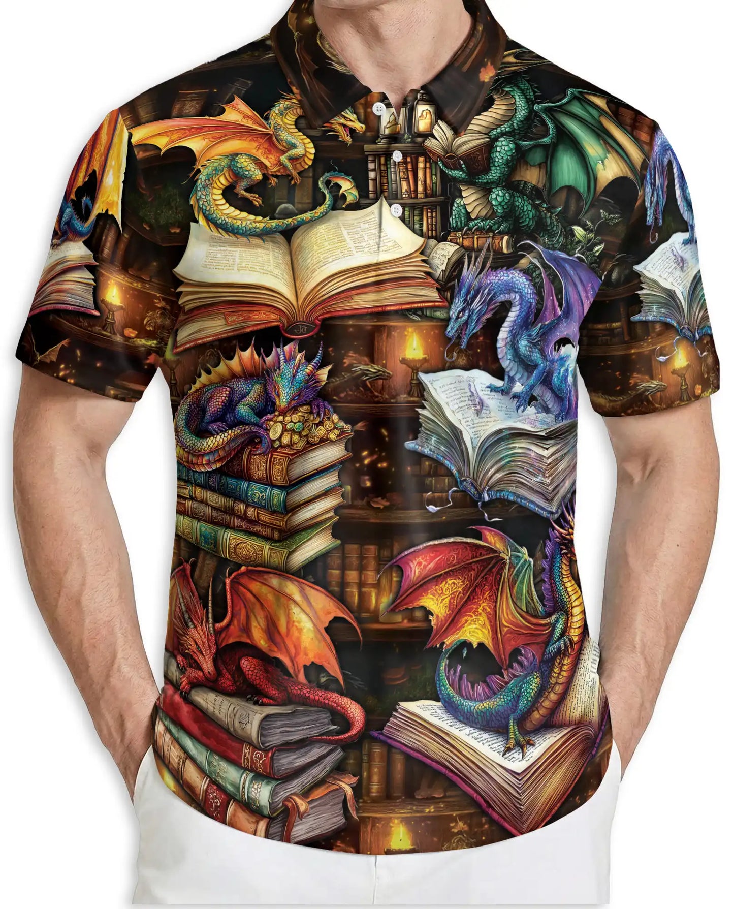 Fantasy Dragon Library 3D Polo Shirt for Men, Magical Book Art Style | Azhawaiian