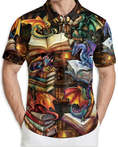 Fantasy Dragon Library 3D Polo Shirt for Men, Magical Book Art Style | Azhawaiian