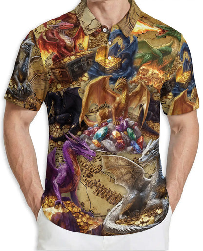 Dragon Treasure 3D Polo Shirt for Men, Fantasy Gold Hoard Art Style | Azhawaiian