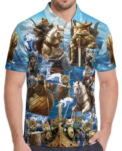 Viking Cat Polo Shirt - Warrior Cats Norse Adventure Fantasy Design | Azhawaiian