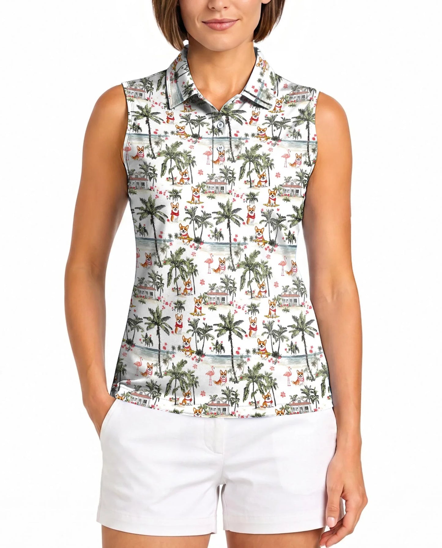 Corgi Palm Tree Pattern Sleeveless Polo Shirt for Women, Tropical Dog Style | Azhawaiian